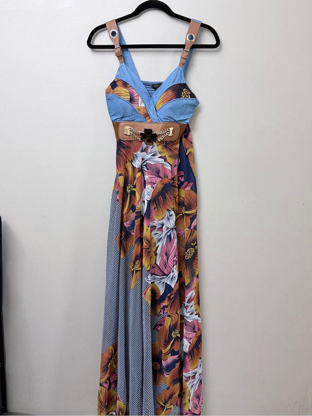 KESSLEY Floral Chambray Maxi Dress Faux Leather Belt Size M